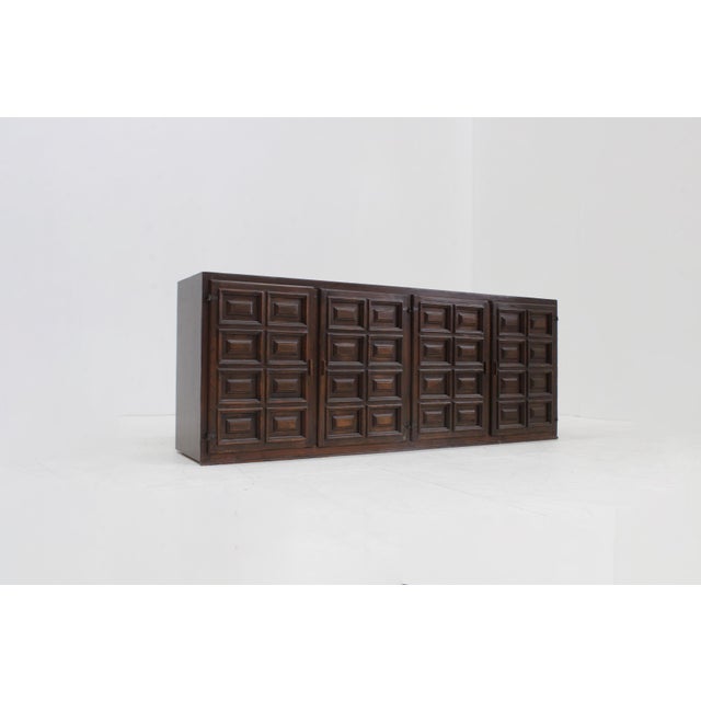 Spanish Brutalist Sideboard in Stained walnut wood with panelled geometric front. Beautiful piece from the 1970s.