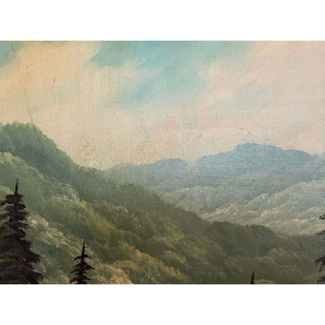 Large VTG Alpine Mountain Landscape Oil Painting European Cabin Framed Signed For Sale - Image 4 of 15