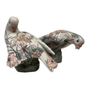 1970s Chinoiserie Hand-Painted Ceramic Bird Figurines, a Pair, Chinese Export