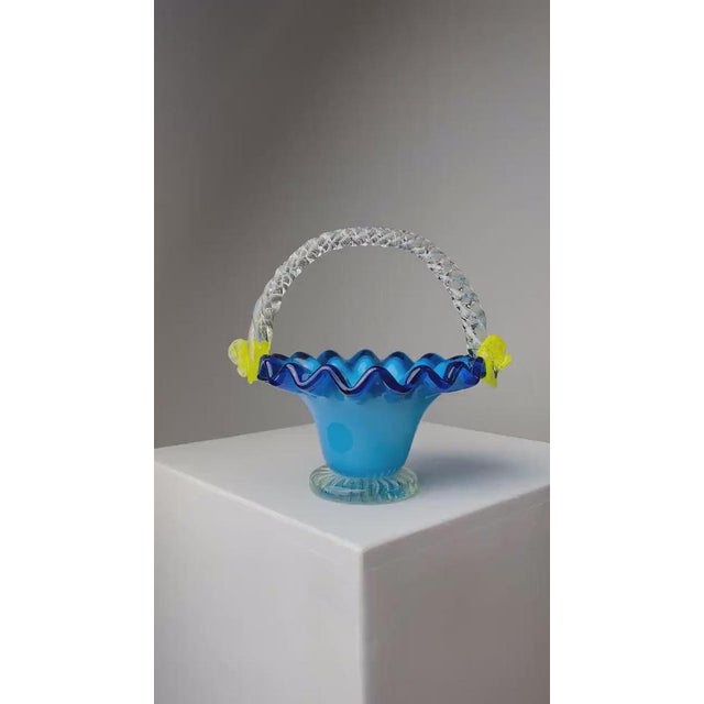 Mid-Century Blue and Yellow Murano Glass Bowl with Handle, Italy, 1970s For Sale - Image 12 of 13