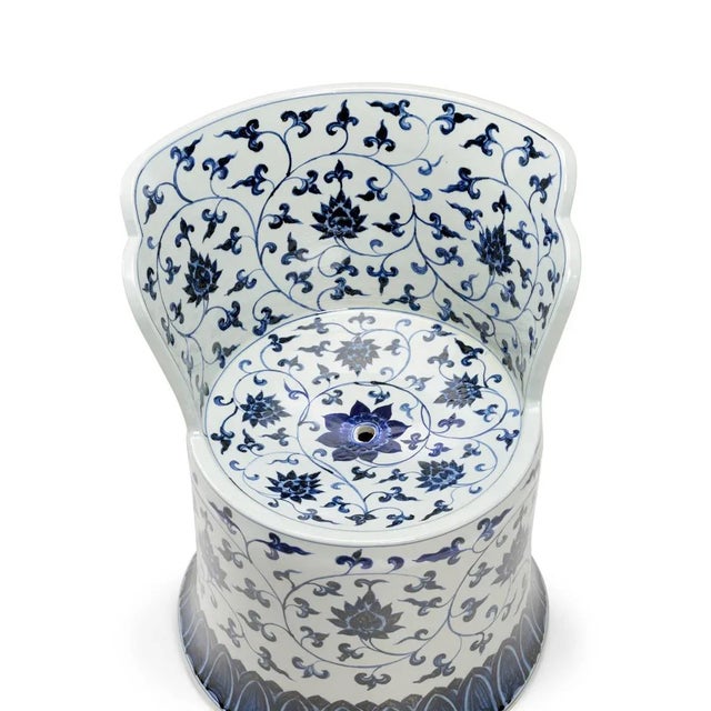 Glorious Blue And White Ceramic Chair In Floral Design. Suitable For Indoors Or Outdoors. Clean with a dry cloth