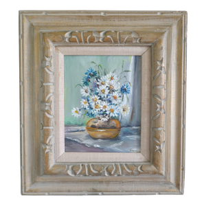 Daisies & Cornflowers in Brass Vase Oil Painting by Verona in Wooden Frame