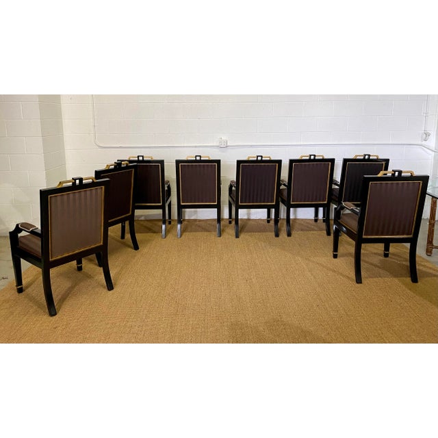 1980s Hollywood Regency Black Lacquer and Satin Dining Armchairs – Set of 8 For Sale - Image 9 of 13