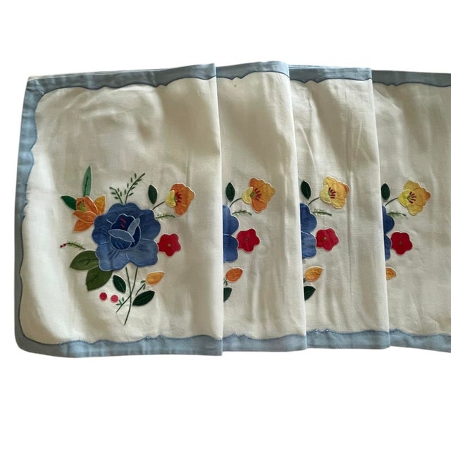 Mid 20th Century Vintage Set of 4 Placemats & Matching Napkins Early to Mid 20th Century Blue Farmhouse Embroidered Tatting Shabby Chic Traditional English Cottage For Sale - Image 5 of 14
