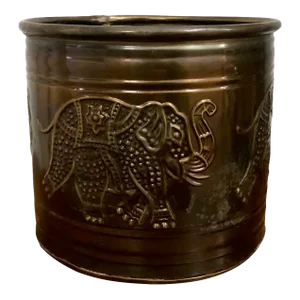 Vintage Brass Elephant Embossed Cache Pot Planter
