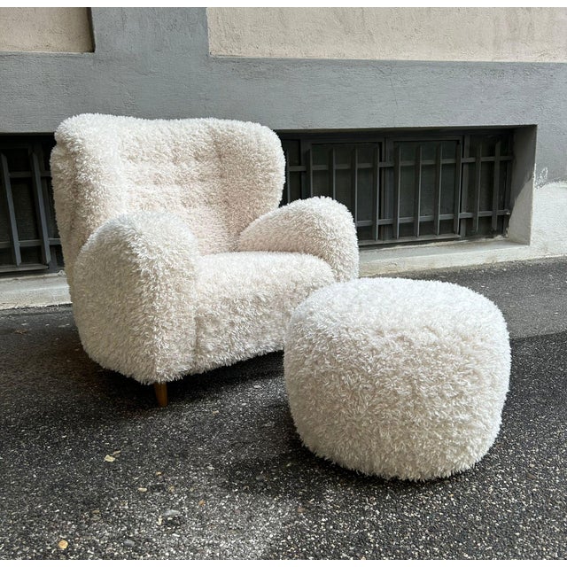 Set of Scandinavian Wing Lounge Chair and Ottoman in Long-Haired Fabric, 2000s, Set of 2 For Sale - Image 13 of 13