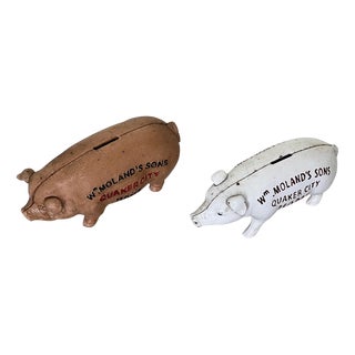 Quaker City Branded Piggy Banks from Wm Molands Sons., Set of 2 For Sale