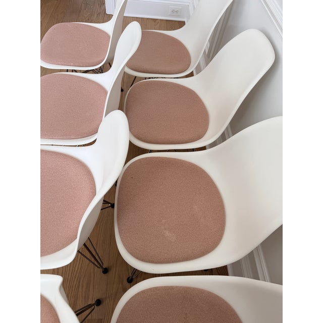 Metal Set of 8 Eames Molded Side Chairs With Pink Pads For Sale - Image 7 of 9