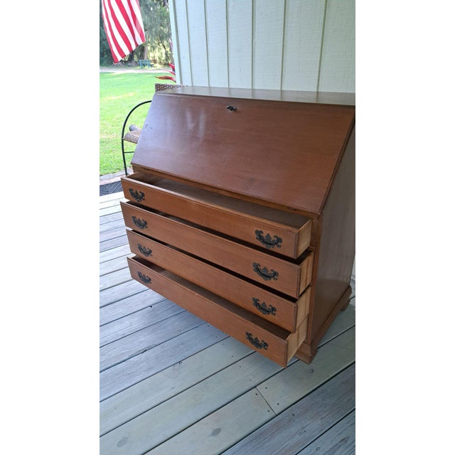Mid 20th Century Antique Gov Winthrop Drop Front Secretary Desk Maple 4 Drawer Slant Front Chippendale Style For Sale - Image 5 of 13