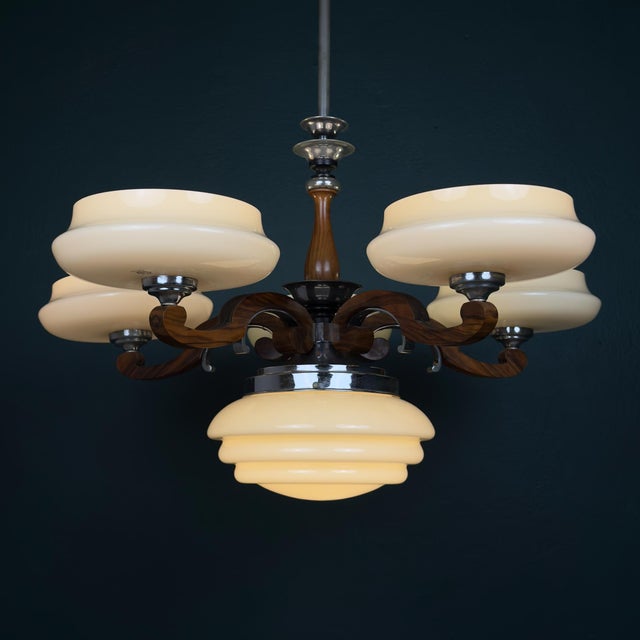 Large Art Deco Chandelier in Glass, Metal, and Wood, Italy, 1950s For Sale - Image 13 of 18