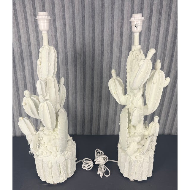 1990s Hand Carved Wood Cactus Lamps Finished in White Plaster - A Pair For Sale In Palm Springs - Image 6 of 7