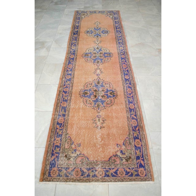 Textile Hand-Knotted Turkish Runner Rug Faded Colors Low Pile - 2'12″ X 10'10″ For Sale - Image 7 of 13