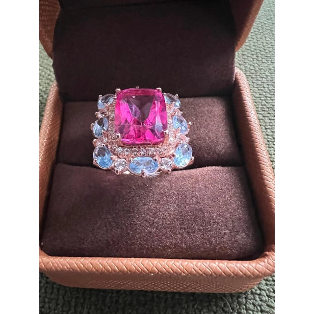 Bochic “Capri” Emerald Shape Pink Topaz & Tanzanite Ring Set 18K Gold & Silver For Sale - Image 12 of 12