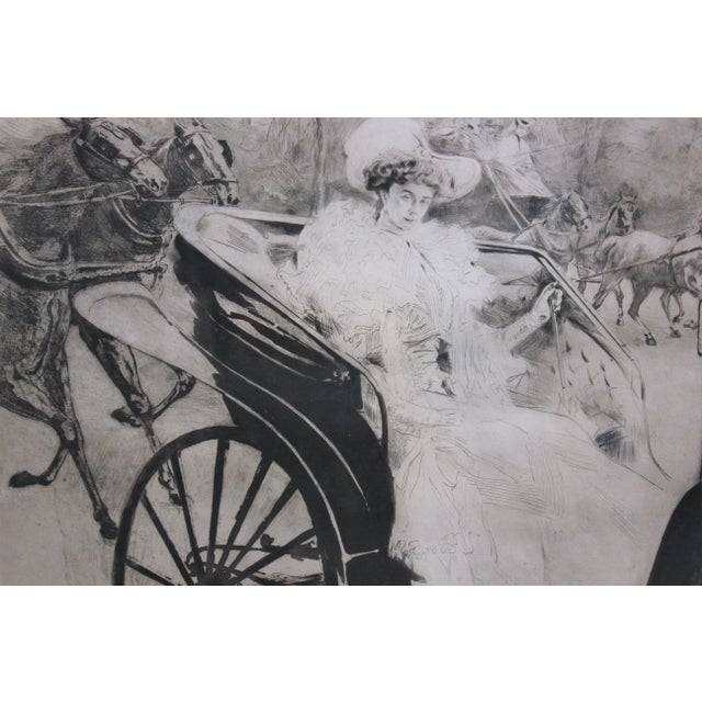 Black and white print of an upper class women in a carriage. There are other figures in the back riding in a carriage as...