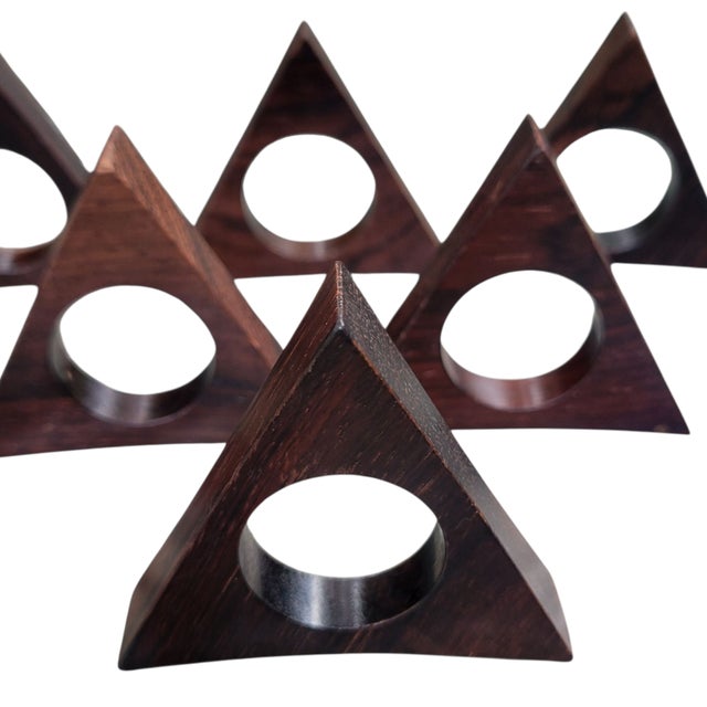 1960s Danish Modern Solid Rosewood Triangular Napkin Rings- Set of 6 For Sale - Image 4 of 16