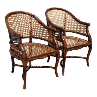 Pair French Louis Brown Cane Barrel Club Chairs W Bamboo Style Frames 2of 2 For Sale