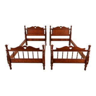 Drexel American Colonial Carved Solid Cherry Wood Twin Size Beds, Circa 1950s For Sale