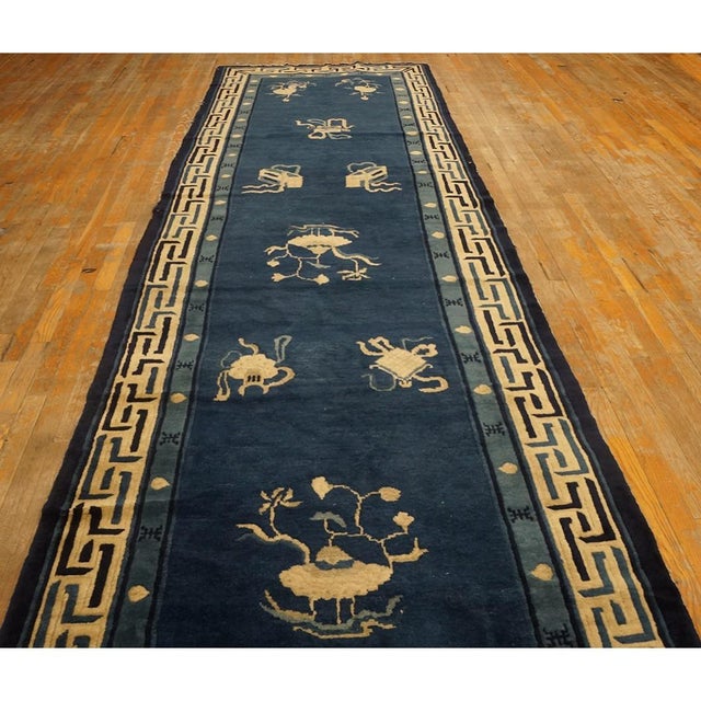 1900s Navy Classic Greek Key Antique Chinese Peking Hallway Runner Rug 4'x 18'4" For Sale - Image 4 of 6