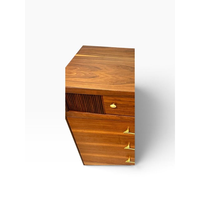 Brown Refinished 1960s Mid Century Modern Walnut Tallboy Dresser | Vintage Walnut Crescent Series S-2430 Highboy Chest | Fluted Louvered Accent Drawer For Sale - Image 8 of 12