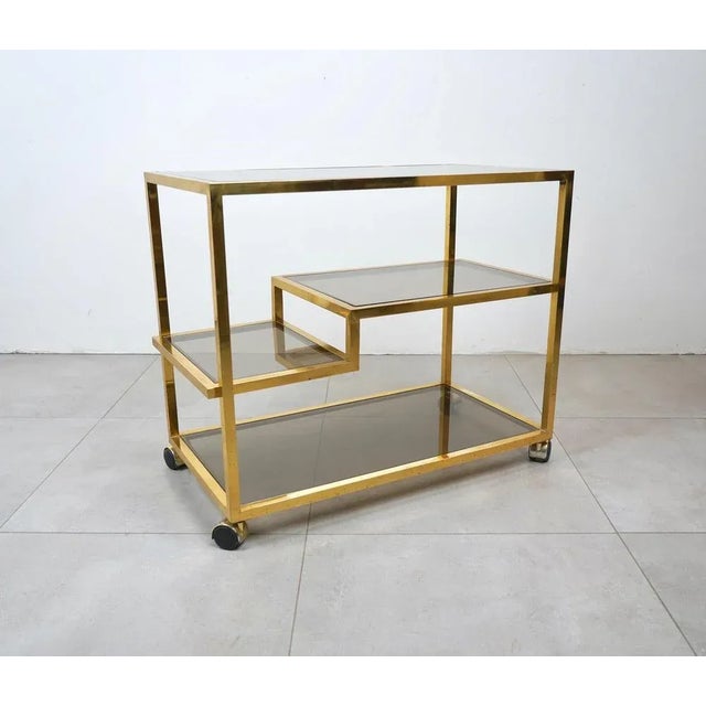1970s Serving Bar Cart in Brass and Smoked Glass, Italy, 1970s For Sale - Image 5 of 15