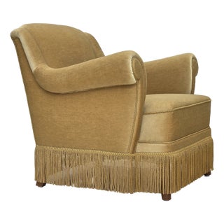 Danish Armchair with Velour Upholstery and Oak Legs, 1970s For Sale