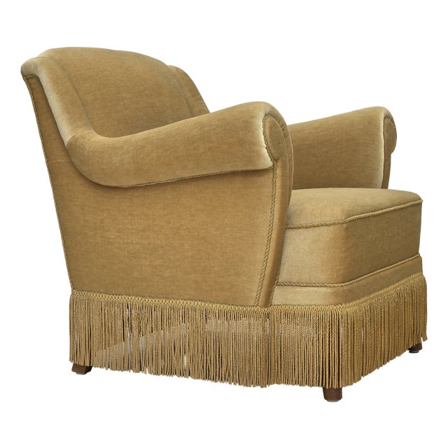 Danish Armchair with Velour Upholstery and Oak Legs, 1970s For Sale