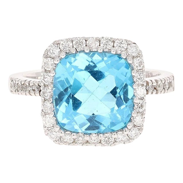 Blue Topaz Diamond White Gold Cocktail Ring, Size 7 For Sale