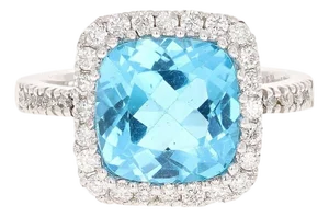 Blue Topaz Diamond White Gold Cocktail Ring, Size 7