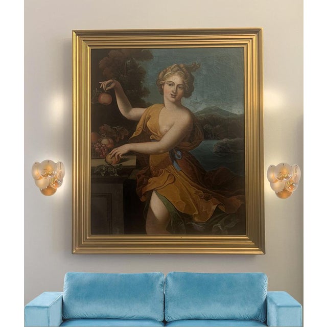 Pair of Vintage Italian Murano appliques. Wall lights have 6 glass for each, gold alabaster glasses. Nickel metal frame....