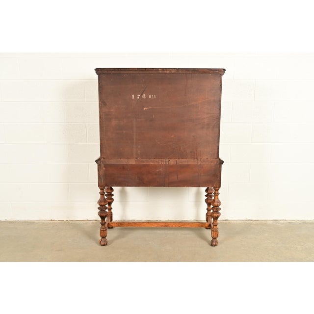 Early Romweber Antique English Jacobean Carved Oak and Burl Wood Bar Cabinet, Circa 1900 For Sale - Image 15 of 16