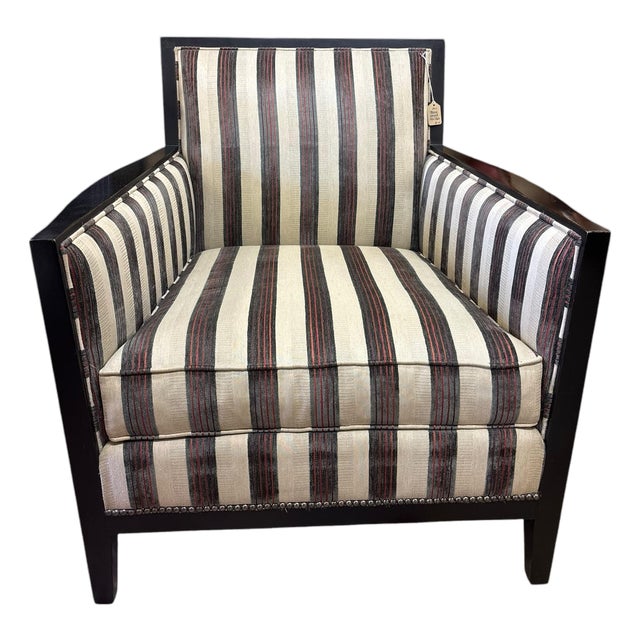Modern Club Lounge Chair With Ebony Frame and Custom Stripe Upholstery For Sale