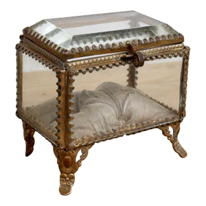 Antique Brass and Glass Vitrine Jewelry Box With Silk Cushion