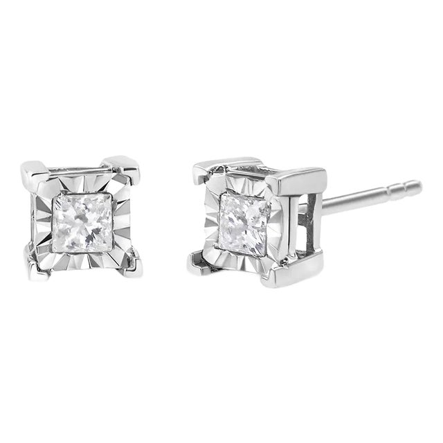 .925 Sterling Silver 1 1/4 Cttw Miracle Set Princess-cut Diamond Solitaire Stud Earrings For Sale