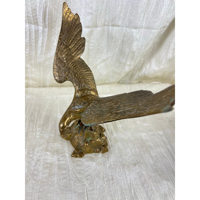 Cabin Vintage Solid Cast Brass Eagle Sculpture on Rocky Outcrop, 12” Tall For Sale - Image 3 of 11