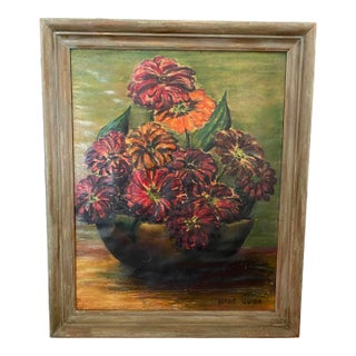 Mid Century Floral Still Life, Colorful Zinnias For Sale