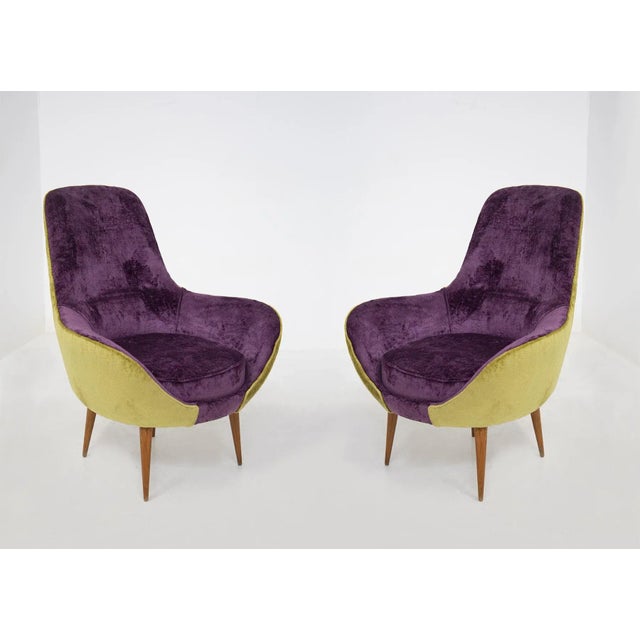 Set of Vintage Wooden Armchairs in Purple and Green Velvet For Sale - Image 11 of 11