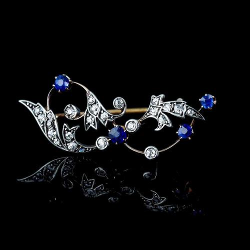 Antique Victorian 9 Karat Gold, Sapphire and Diamond Brooch with Foliate Motif, 1880s For Sale - Image 11 of 18