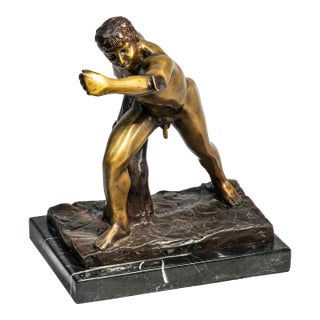 Commanding Vintage Borghese Gladiator Statue Cast Metal Sculpture Statue Marble Base Mid Century Modern Grand Tour Neoclassical For Sale