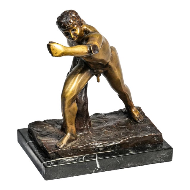 Commanding Vintage Borghese Gladiator Statue Cast Metal Sculpture Statue Marble Base Mid Century Modern Grand Tour Neoclassical For Sale