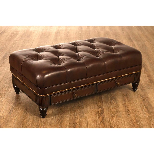 High Quality American Made Button Tufted Brown Leather Storage Ottoman with Two Dovetailed Drawers