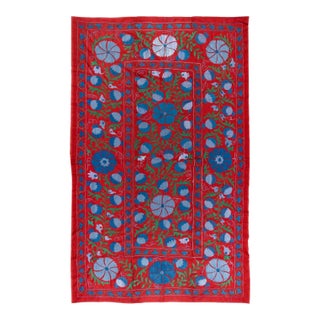 4.5x7 Ft Vintage Asian Silk Embroidered Suzani Bed Cover or Wall Hanging For Sale