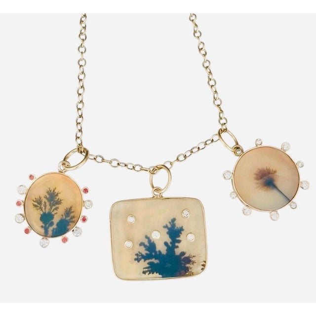 Dendritic Agate Pendant With Diamonds, Sapphires & 14k Gold For Sale In New York - Image 6 of 6