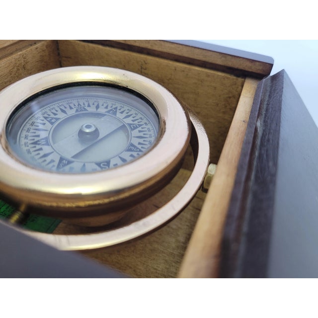 Brass Boat Compass in Varnished Wood Box For Sale - Image 11 of 11