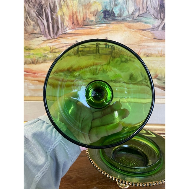 Vintage Green Glass Covered Candy Dish With Pedestal Base and Brass-Toned Mount For Sale - Image 10 of 11