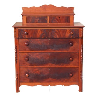 Early 20th-Century Flame Mahogany Empire Step-Back Chest Antique American Dresser With Gallery Back and 6 Drawers For Sale