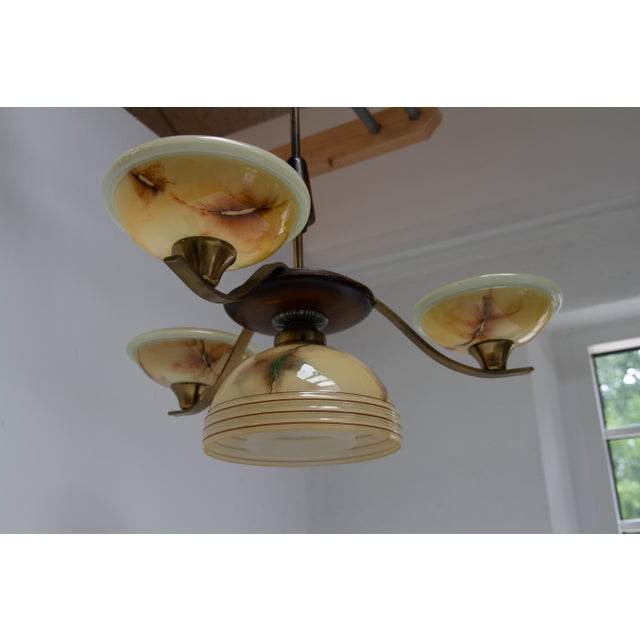 Art Deco Danish Brass Chandelier with Marbled Opaline Shades, 1930s. For Sale - Image 3 of 18