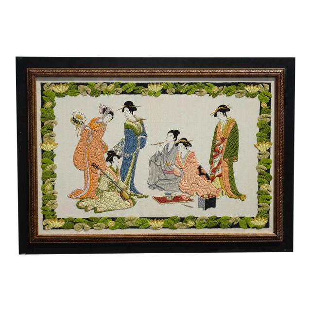 Vintage Five Oriental Asian Women Musical Scene Embroidered Picture Wall Hanging For Sale