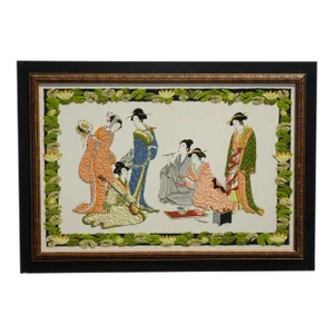 Vintage Five Oriental Asian Women Musical Scene Embroidered Picture Wall Hanging