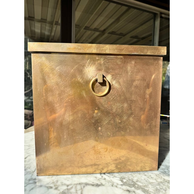 Mid-Century Modern Extra Large Solid Brass Square Jardinière / Planter With Ring Handles, 14", Mid-20th Century, Made inHong Kong For Sale - Image 3 of 11