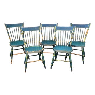 19Thc Origin. Green Paint & Mustard Stripe Thumb Back Windsor Chairs Set of Five For Sale
